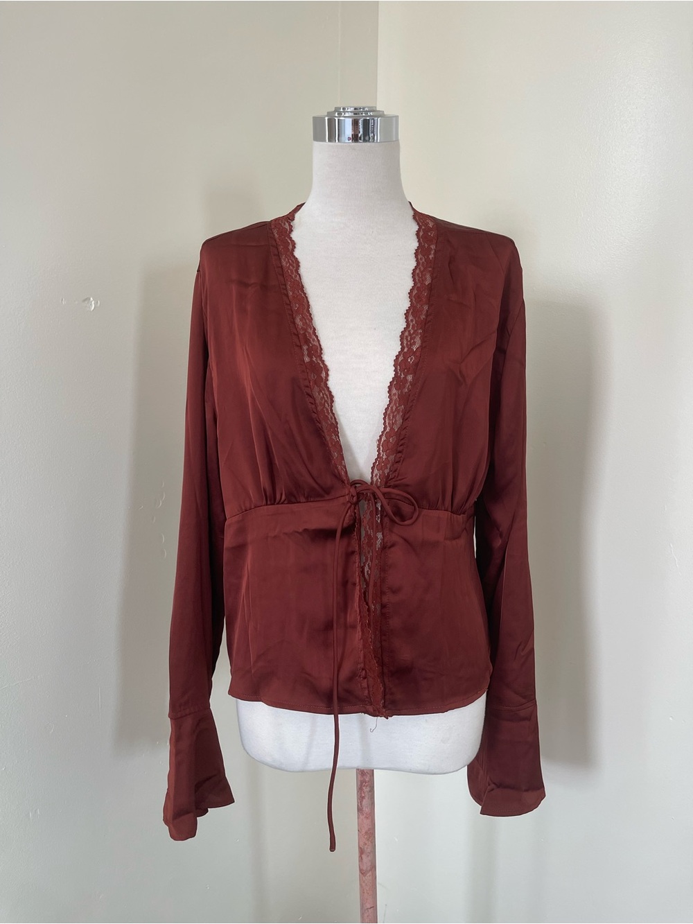 Princess Polly Rust Lace-Trim Tie-Front Blouse